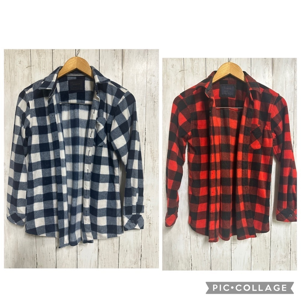 TWO Nomad Boys Button Down Flannel Shirts - Navy and Red Plaid Size M